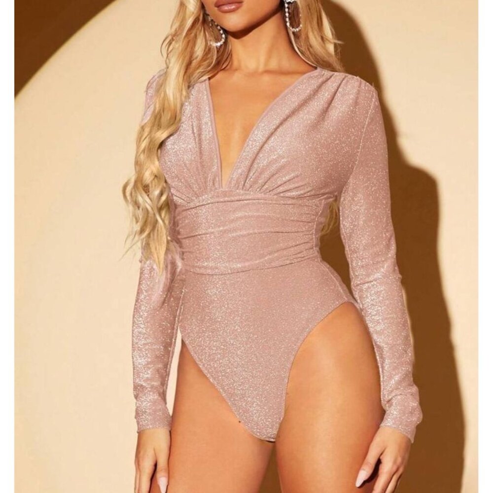 Sparkly Long-Sleeve Deep V-Neck Bodysuit For Women